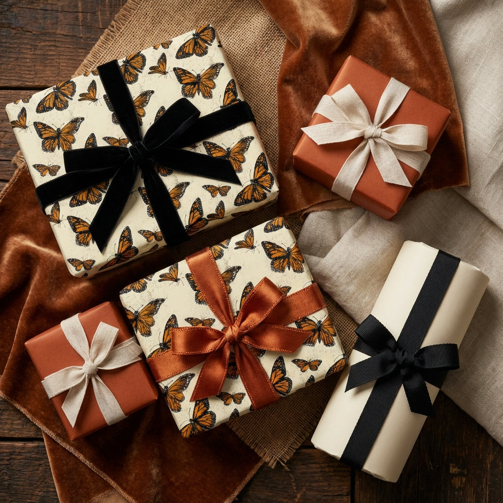 Gifts wrapped in butterfly-print wrapping paper with velvet ribbons for an elegant, nature-inspired touch.