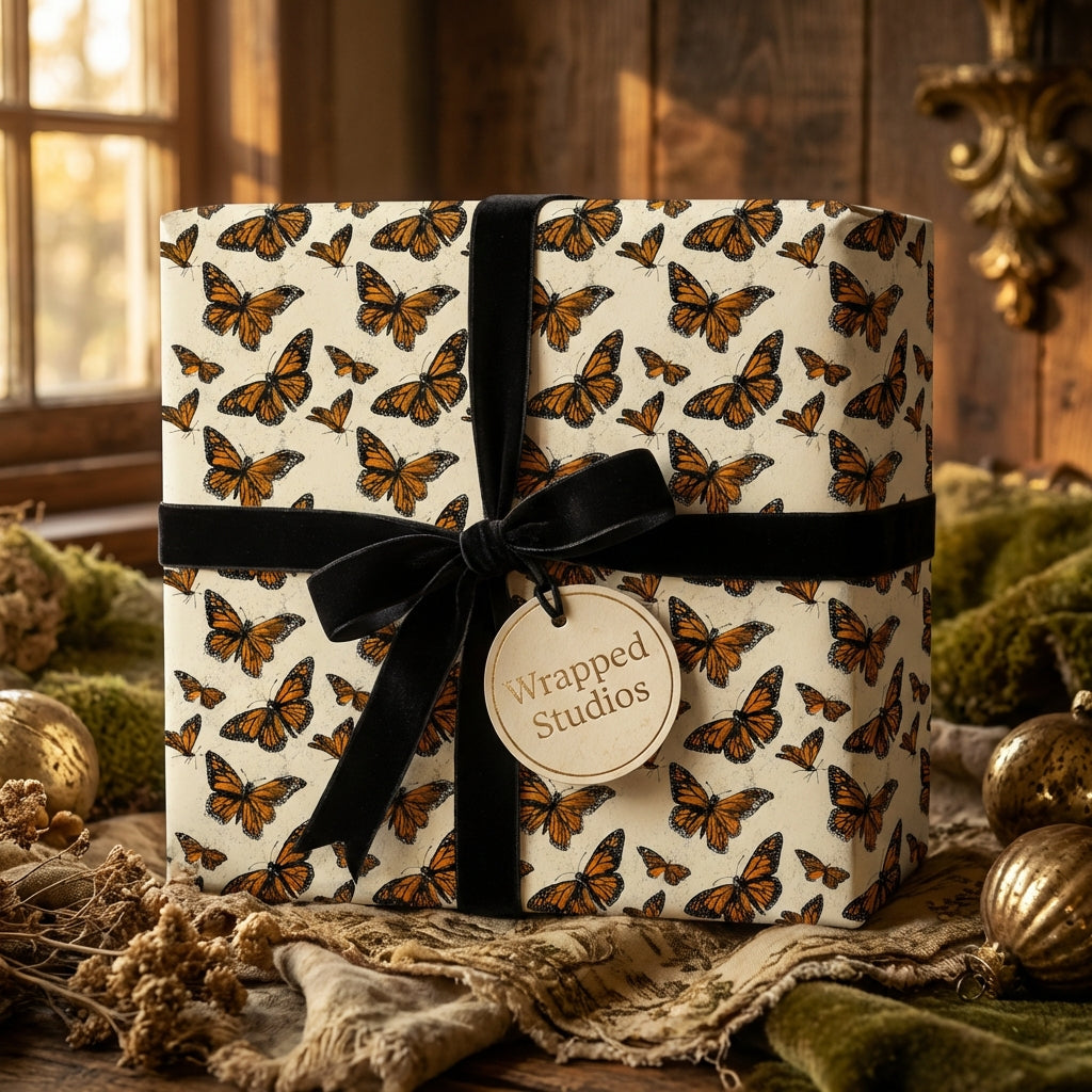Elegant gift wrapped in butterfly wrapping paper with black velvet ribbon and tag.