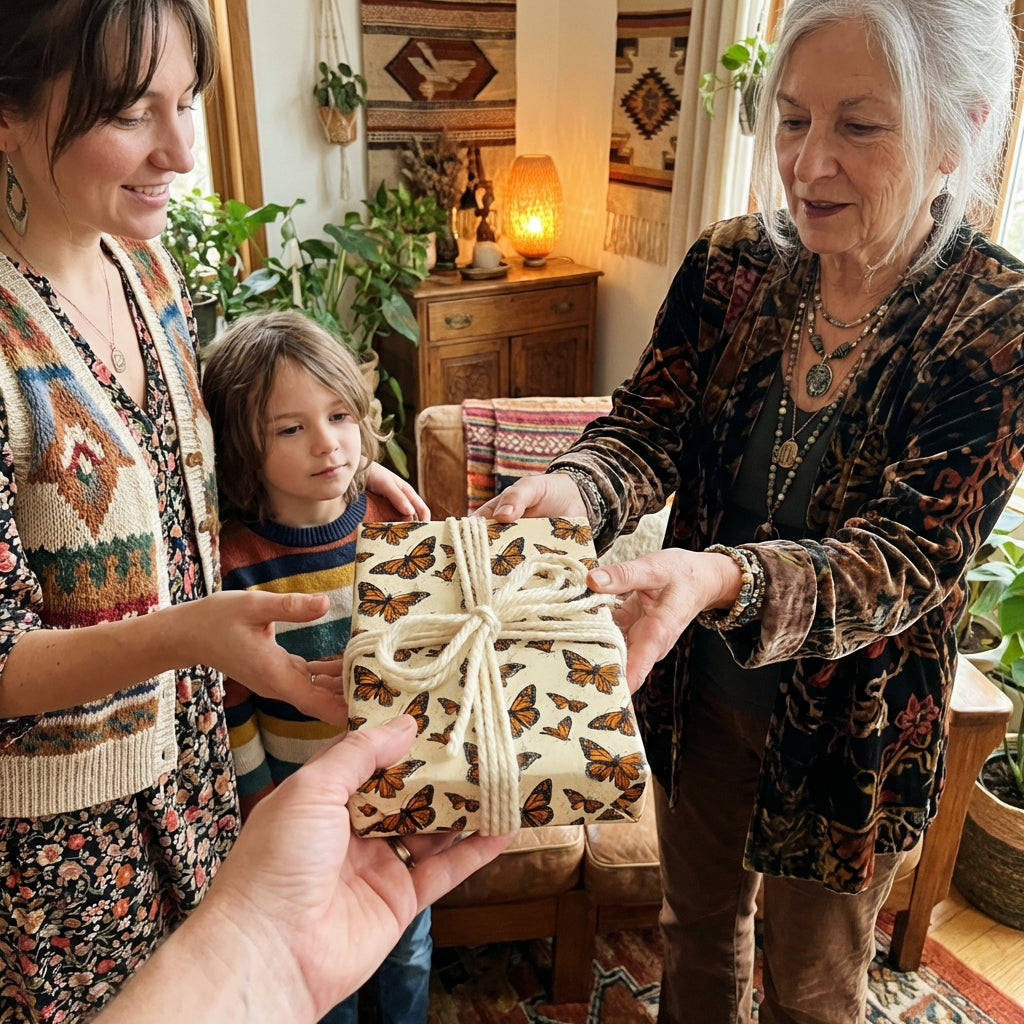 Family exchanging a gift wrapped in butterfly-print birthday wrapping paper with twine bow.