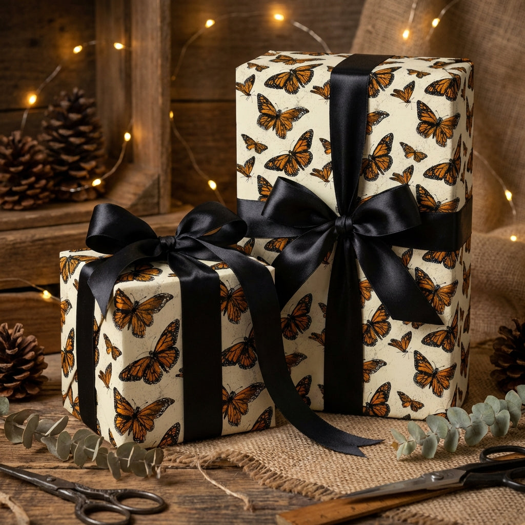 Elegant butterfly wrapping paper on gifts tied with black satin ribbon, rustic wood background.