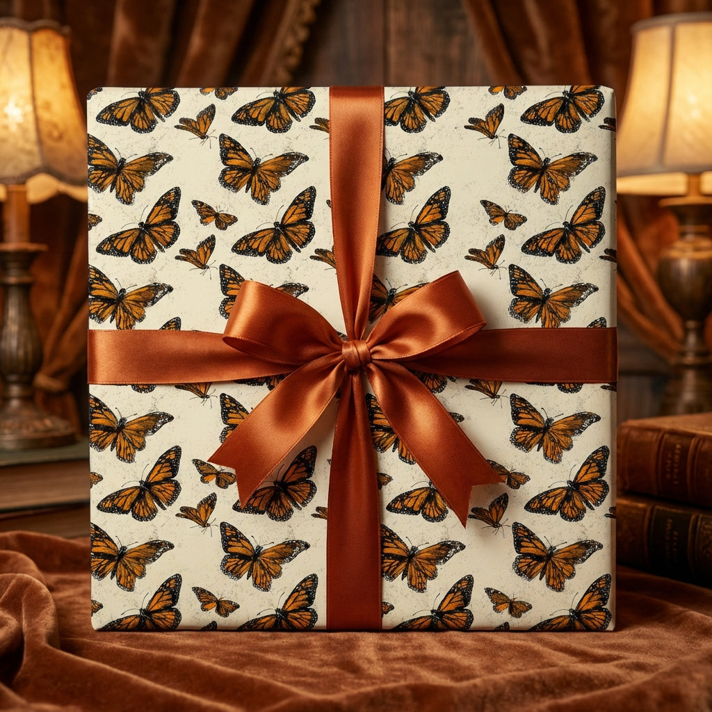 Elegant gift box wrapped in butterfly print wrapping paper with a bronze satin ribbon.