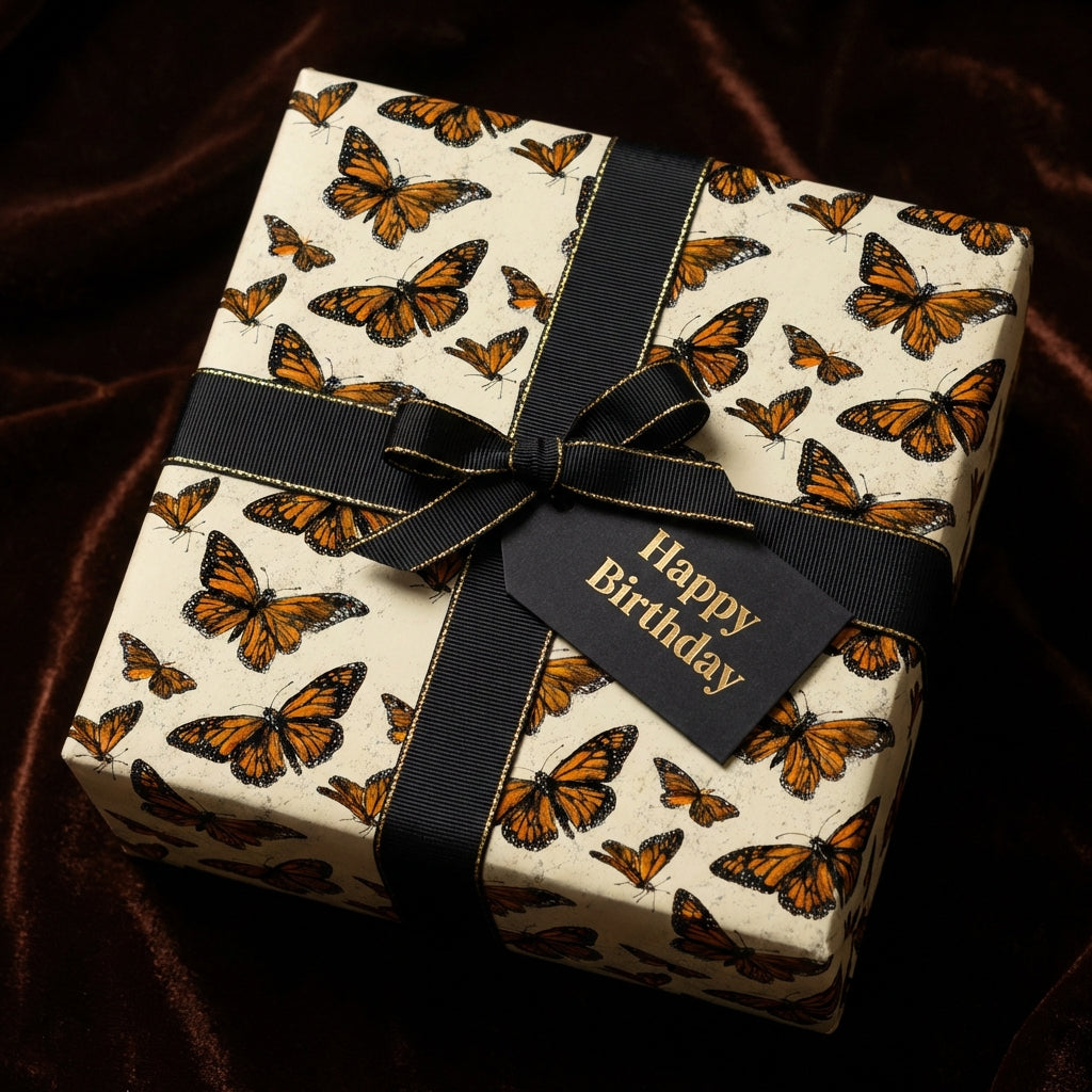 Elegant birthday wrapping paper featuring an orange butterfly pattern and a black ribbon and "Happy Birthday" tag.