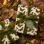 Elegant gifts wrapped in cream butterfly wrapping paper with velvet green ribbon and "With Love" tag.