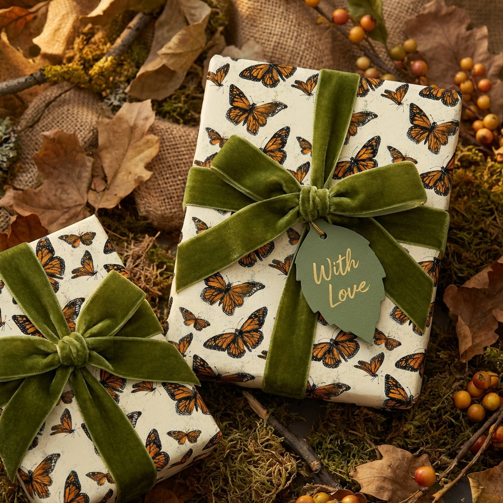Elegant gifts wrapped in cream butterfly wrapping paper with velvet green ribbon and "With Love" tag.