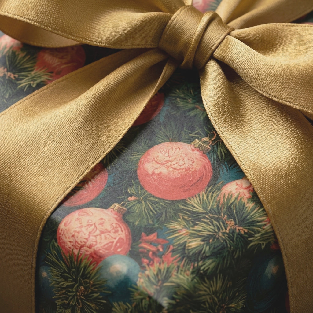 Vintage Christmas wrapping paper with ornament pattern and a luxury gold bow by Wrapped Studios.