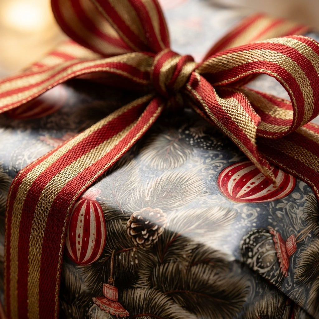 Luxury Christmas wrapping paper with a vintage pine pattern and red and gold striped bow by Wrapped Studios.