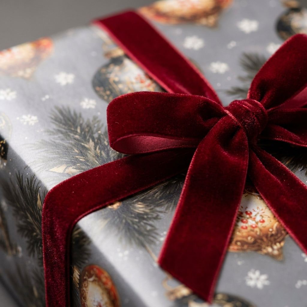 Luxury Christmas wrapping paper with vintage ornaments and a red velvet bow by Wrapped Studios.