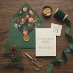 Luxury Christmas party invitation with vintage ornament envelope liner and velvet ribbon by Wrapped Studios.