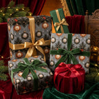 Luxury Christmas gift wrap with vintage ornament pattern and velvet ribbons by Wrapped Studios.