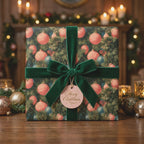 Luxury Christmas wrapping paper with vintage ornaments and a green velvet bow. By Wrapped Studios.