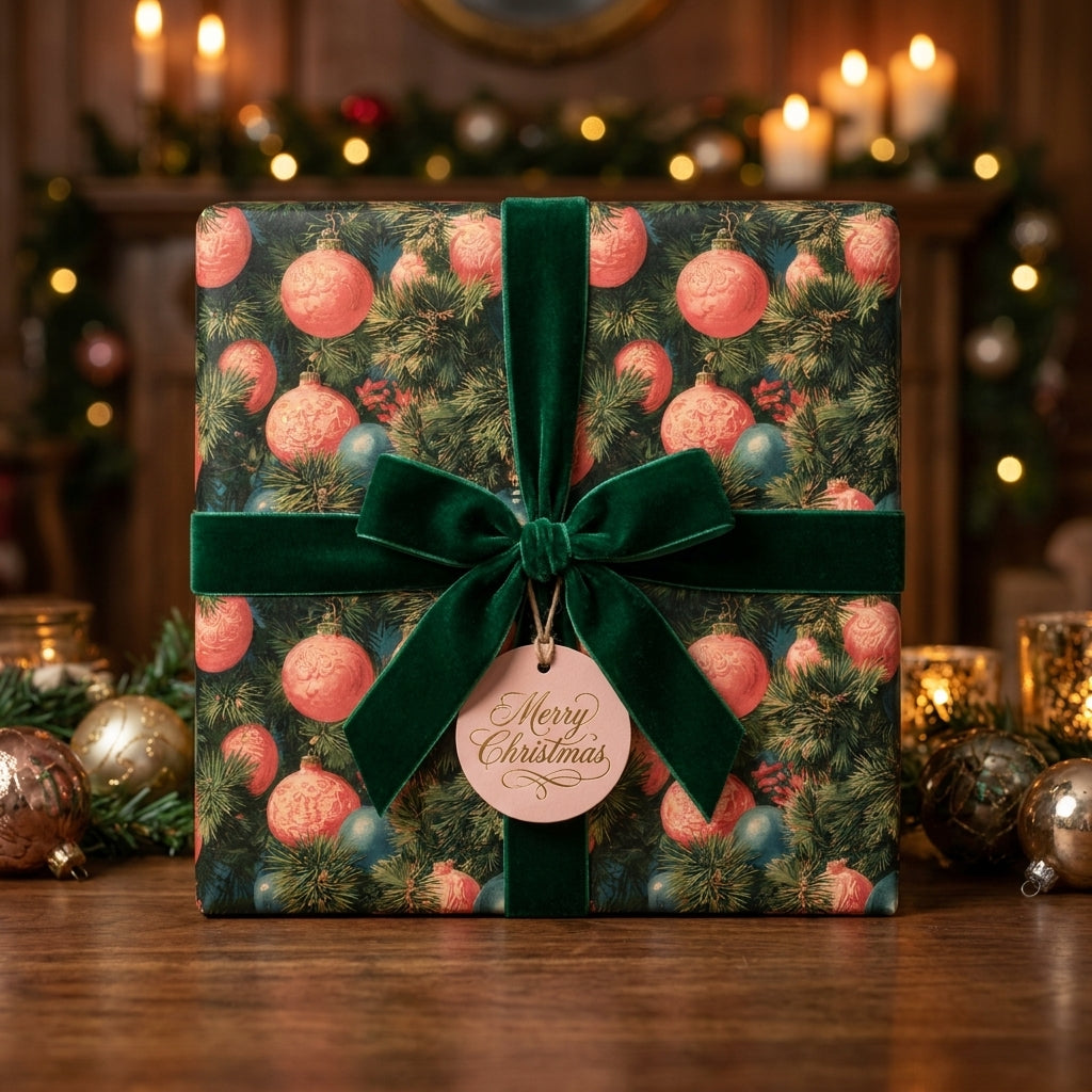 Luxury Christmas wrapping paper with vintage ornaments and a green velvet bow. By Wrapped Studios.