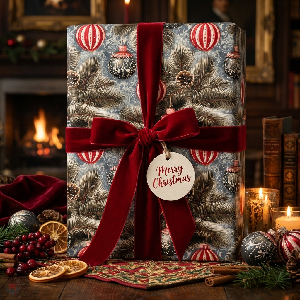 Luxury Christmas wrapping paper with vintage pine print and red velvet bow by Wrapped Studios.