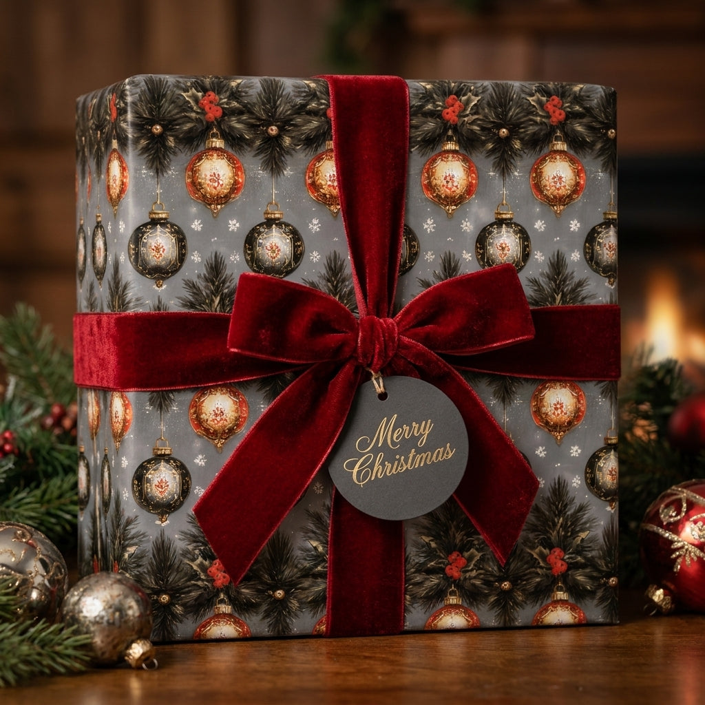 Luxury vintage ornament Christmas wrapping paper with a red velvet bow by Wrapped Studios.
