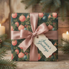 Vintage Christmas wrapping paper with pink baubles, dusty rose ribbon, and tag by Wrapped Studios.