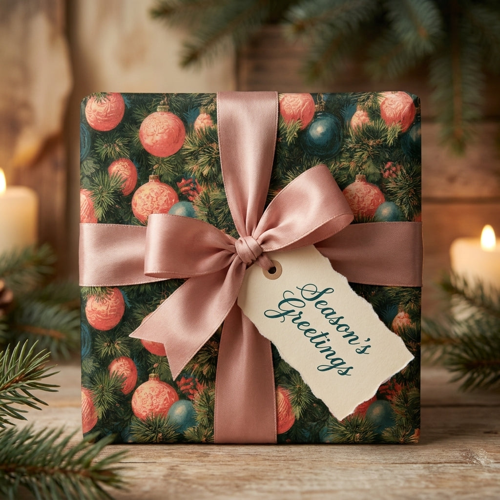 Vintage Christmas wrapping paper with pink baubles, dusty rose ribbon, and tag by Wrapped Studios.