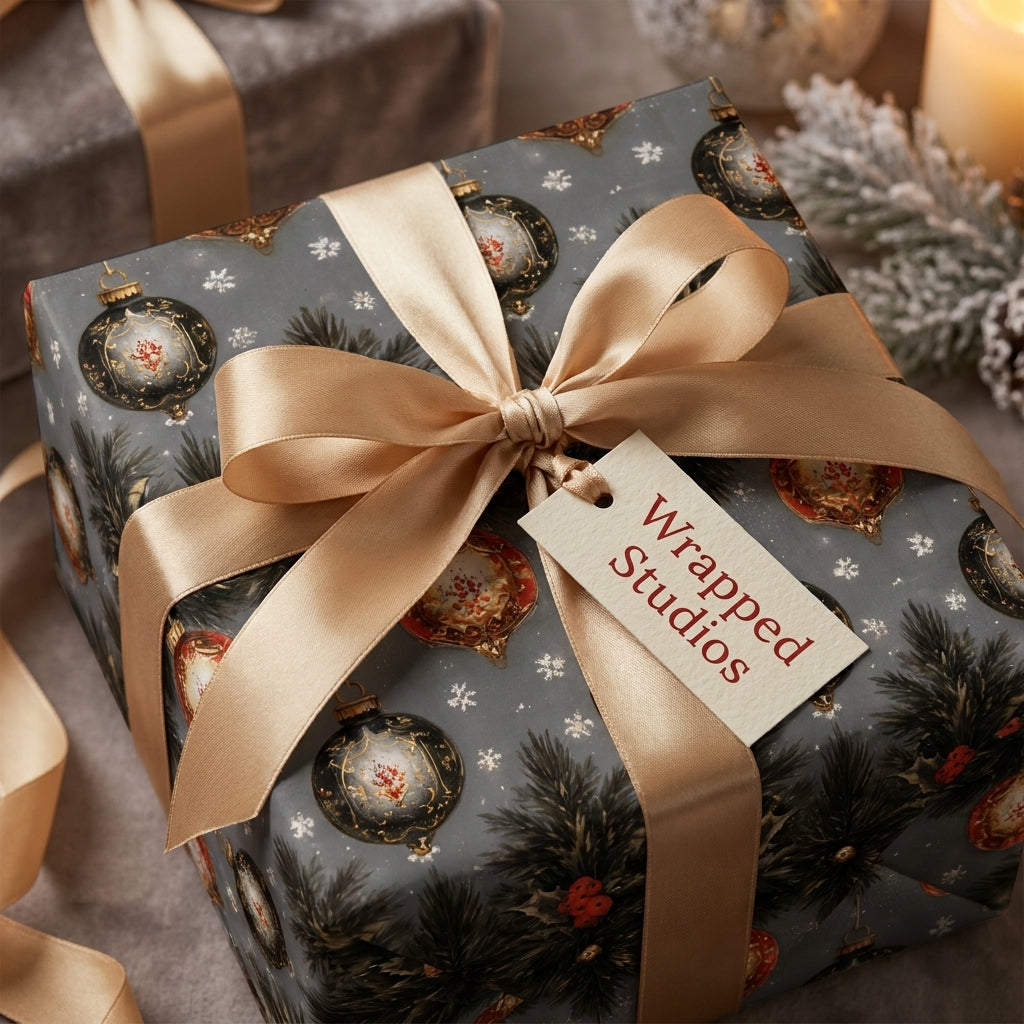 Luxury Christmas gift wrap with vintage ornament pattern and gold satin bow by Wrapped Studios.
