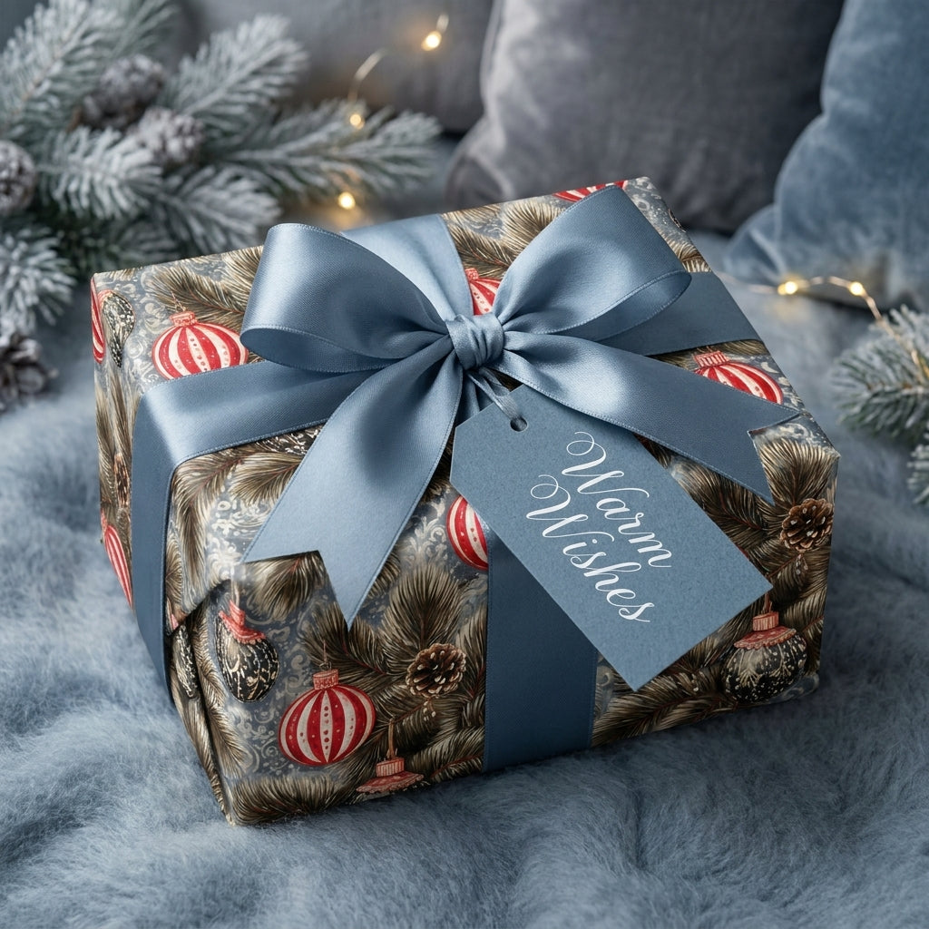 Luxury Christmas wrapping paper with vintage pine and ornament pattern, blue satin bow by Wrapped Studios.