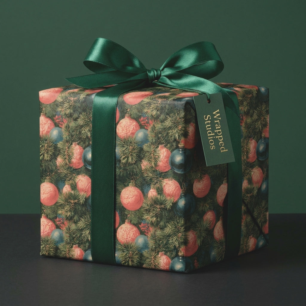 Luxury Christmas wrapping paper with vintage ornament pattern and green satin bow by Wrapped Studios.