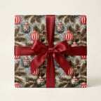 Vintage Christmas wrapping paper with ornament pattern and red satin bow by Wrapped Studios.