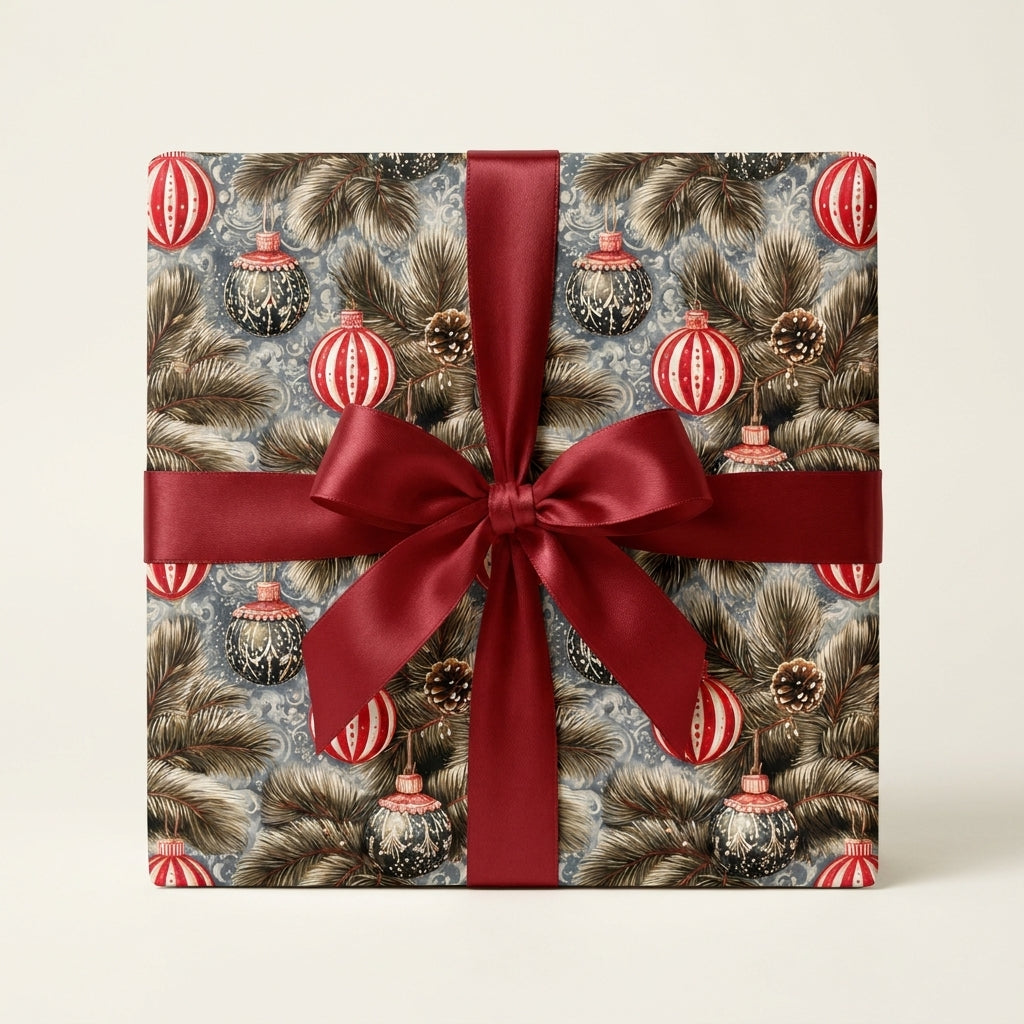 Vintage Christmas wrapping paper with ornament pattern and red satin bow by Wrapped Studios.
