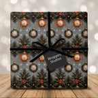 Vintage Christmas wrapping paper with elegant ornaments and a black velvet ribbon by Wrapped Studios.