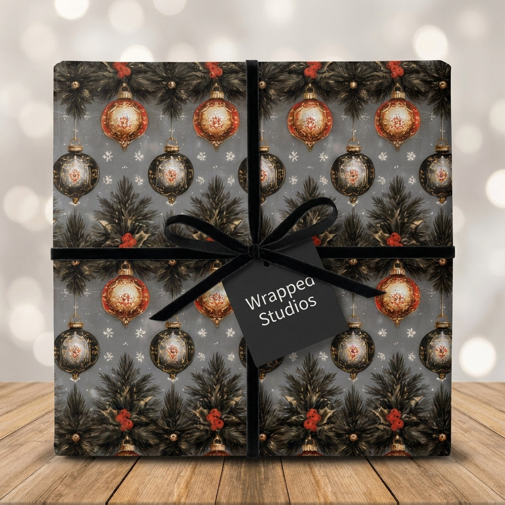 Vintage Christmas wrapping paper with elegant ornaments and a black velvet ribbon by Wrapped Studios.