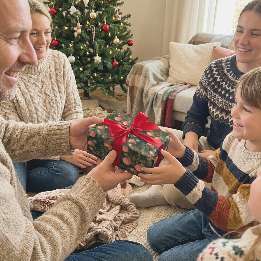 Family exchanging gift in green ornament Christmas wrapping paper with red bow by Wrapped Studios.