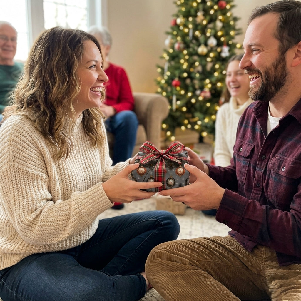 Couple exchanging holiday gift wrapped in luxury Christmas wrapping paper by Wrapped Studios.