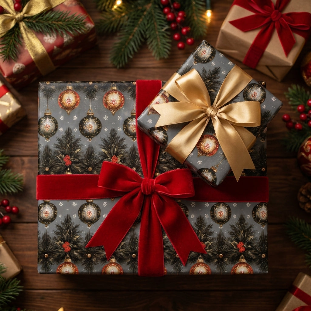 Luxury Christmas gift wrap by Wrapped Studios featuring vintage ornaments on dark grey paper with a red velvet bow.