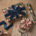 Vintage Christmas wrapping paper with pine and ornament design on gifts with velvet ribbon by Wrapped Studios.