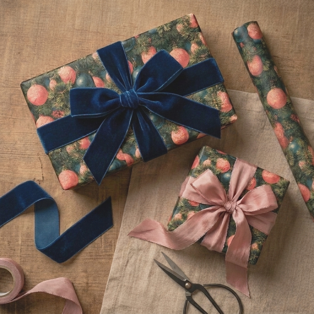 Vintage Christmas wrapping paper with pine and ornament design on gifts with velvet ribbon by Wrapped Studios.