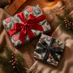 Vintage Christmas wrapping paper with ornament print and luxury bows by Wrapped Studios.