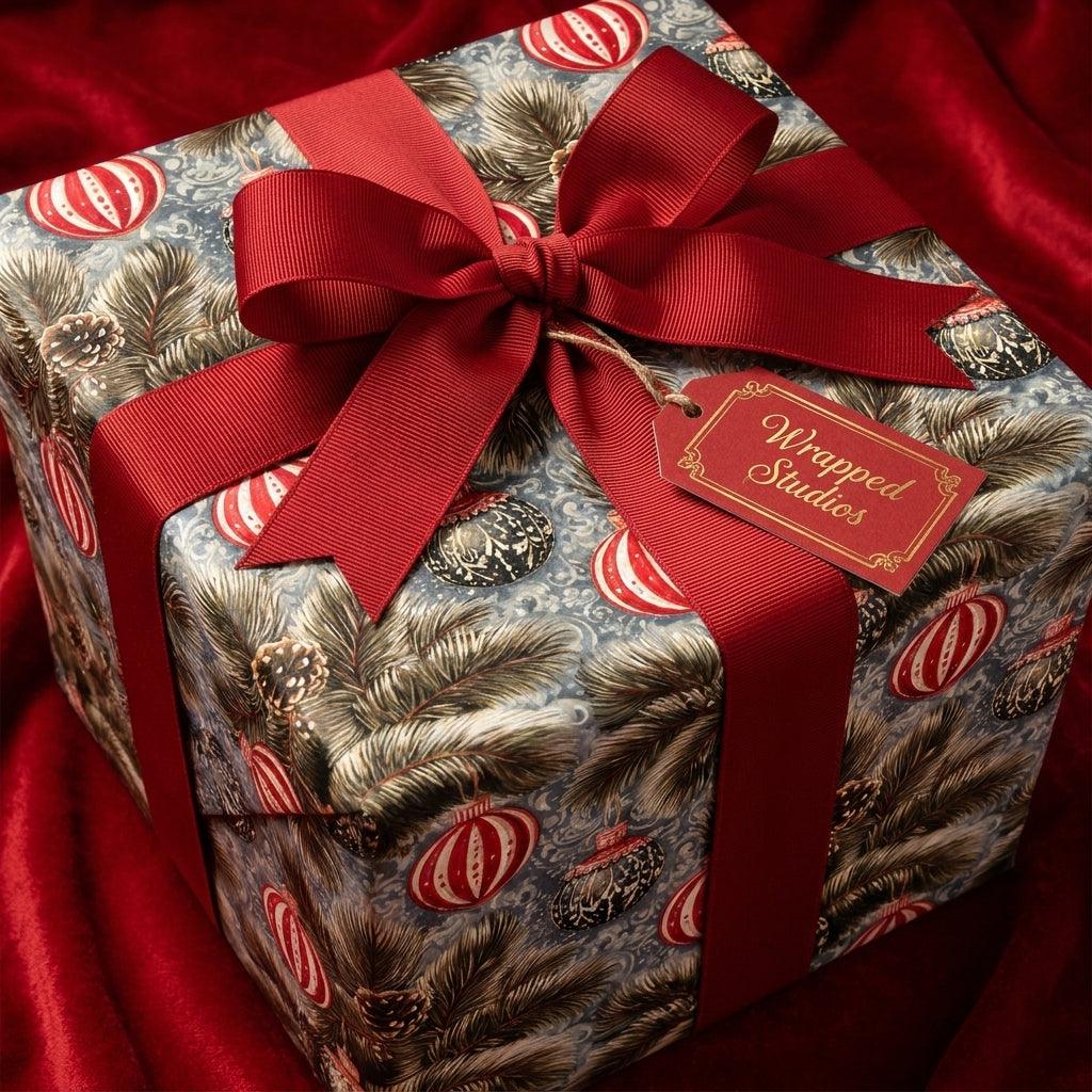Luxury Christmas gift wrap with vintage pine and ornaments, tied with a red bow by Wrapped Studios.