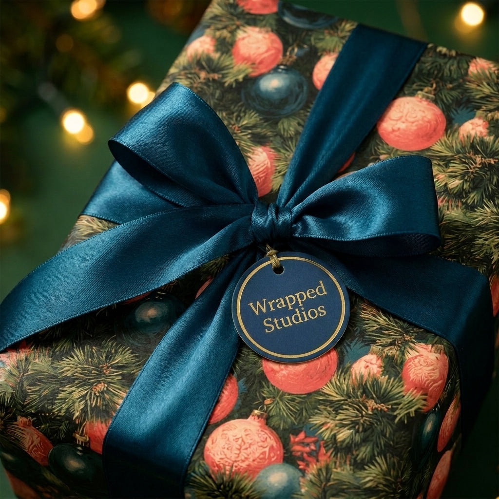 Luxury Christmas wrapping paper with a vintage ornament pattern and teal satin bow by Wrapped Studios.