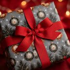 Vintage Christmas wrapping paper with elegant ornament pattern and red bow by Wrapped Studios.