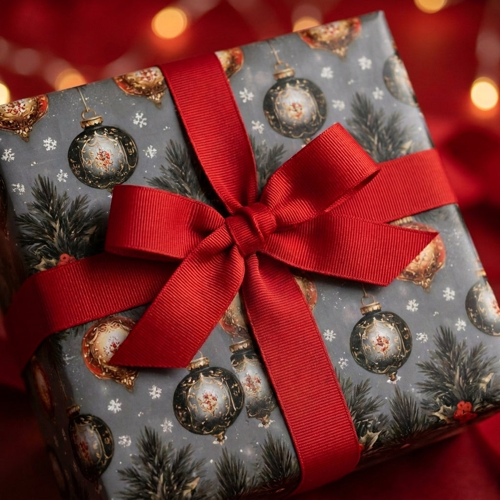 Vintage Christmas wrapping paper with elegant ornament pattern and red bow by Wrapped Studios.