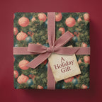 Vintage Christmas wrapping paper with pine and ornament pattern and pink ribbon by Wrapped Studios.