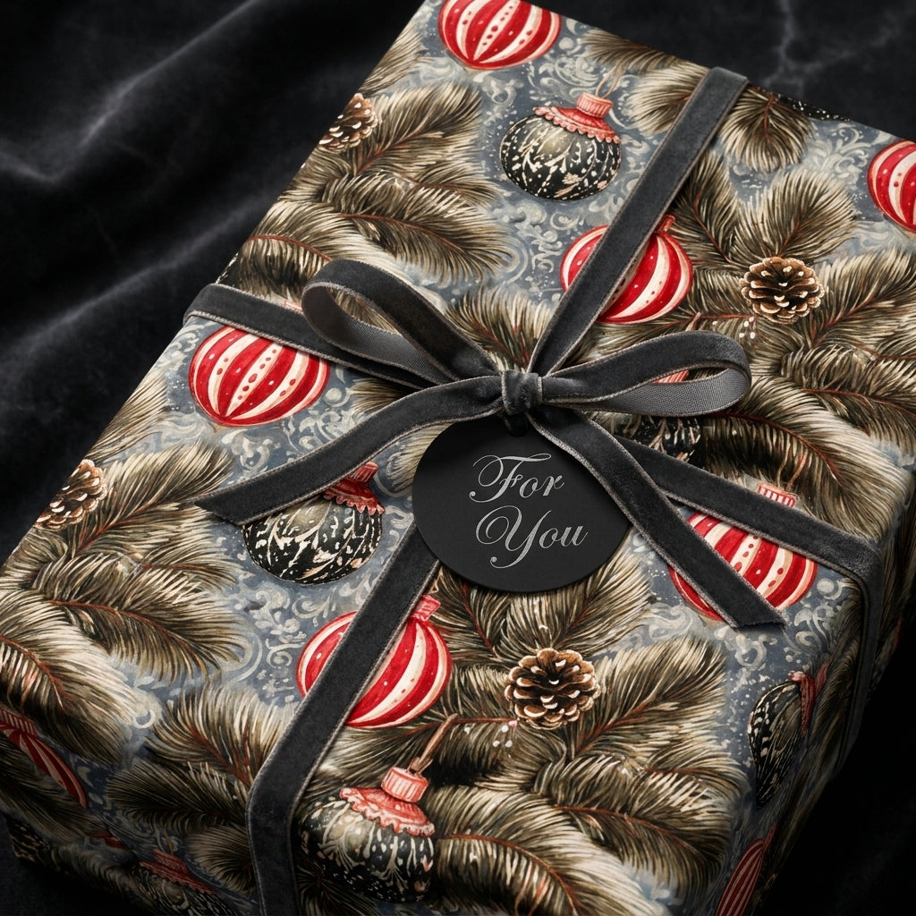 Luxury Christmas gift wrap with vintage pine and ornament pattern, tied with velvet ribbon by Wrapped Studios.