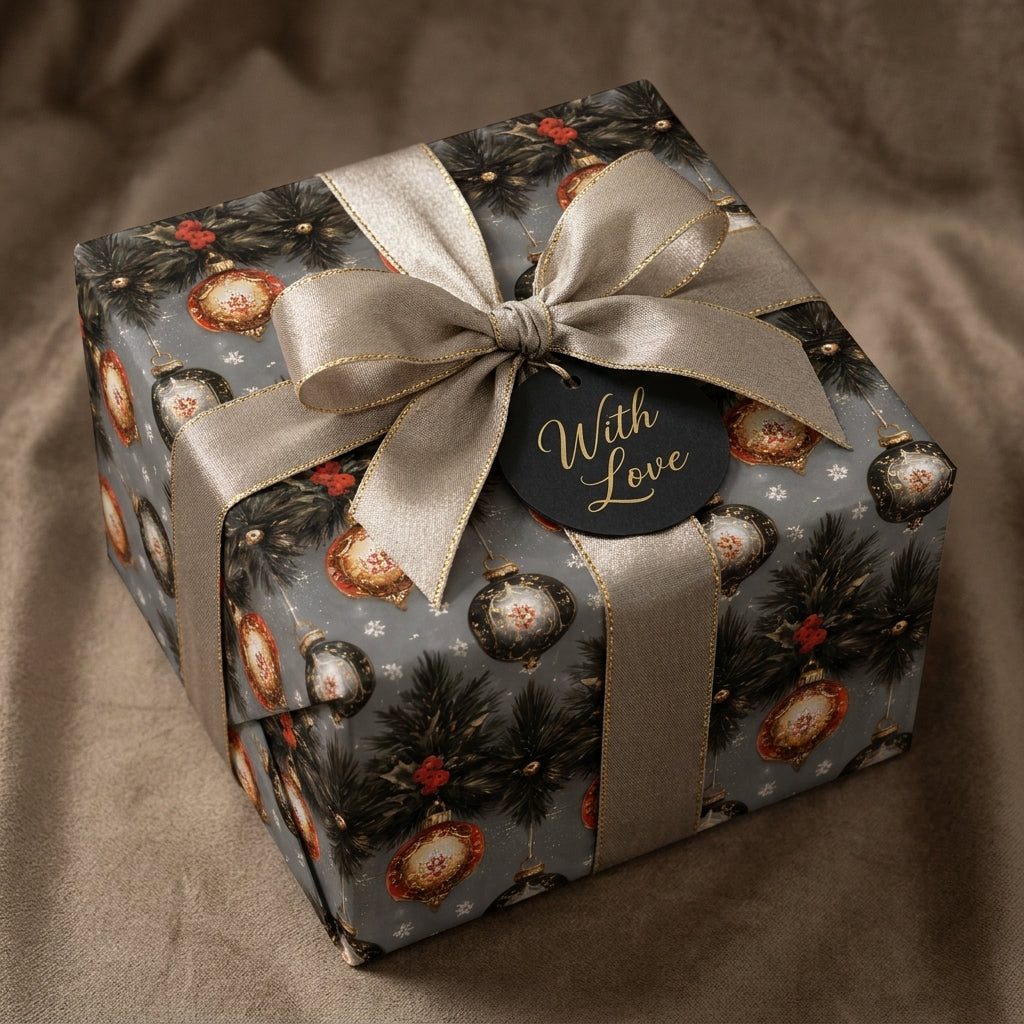 Luxury Christmas wrapping paper with vintage ornaments and a gold bow on a gift box by Wrapped Studios.