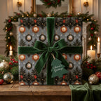 Luxury Christmas wrapping paper with vintage ornaments and green velvet ribbon by Wrapped Studios.