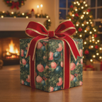 Luxury vintage Christmas wrapping paper with ornament pattern and red velvet bow by Wrapped Studios.