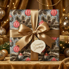 Luxury Christmas wrapping paper with vintage ornament print and gold satin bow by Wrapped Studios.