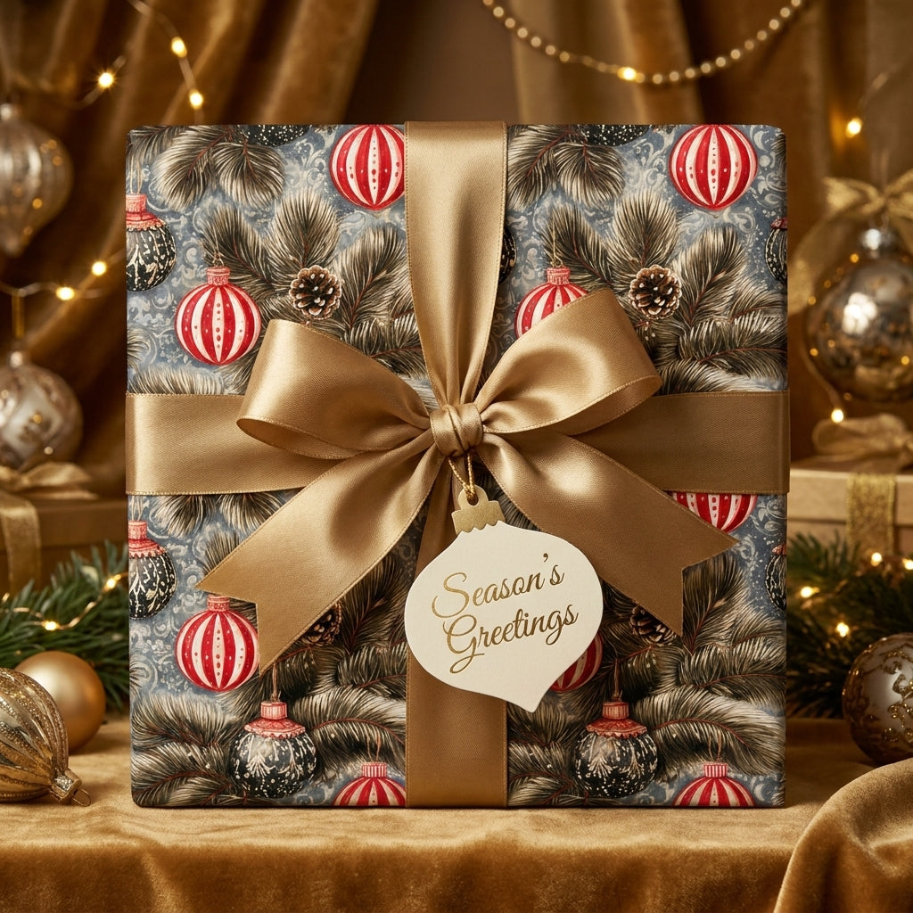 Luxury Christmas wrapping paper with vintage ornament print and gold satin bow by Wrapped Studios.