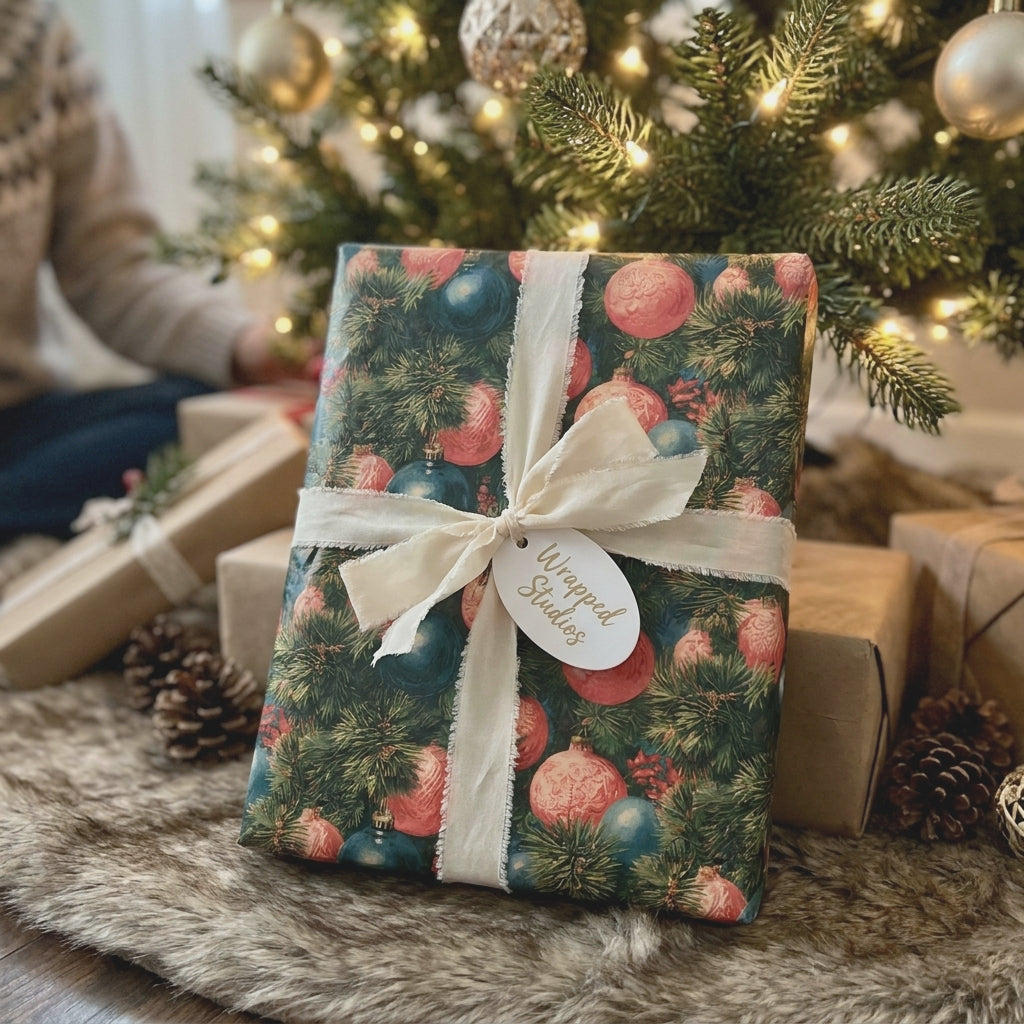 Luxury vintage Christmas wrapping paper with ornament pattern and cream bow by Wrapped Studios.