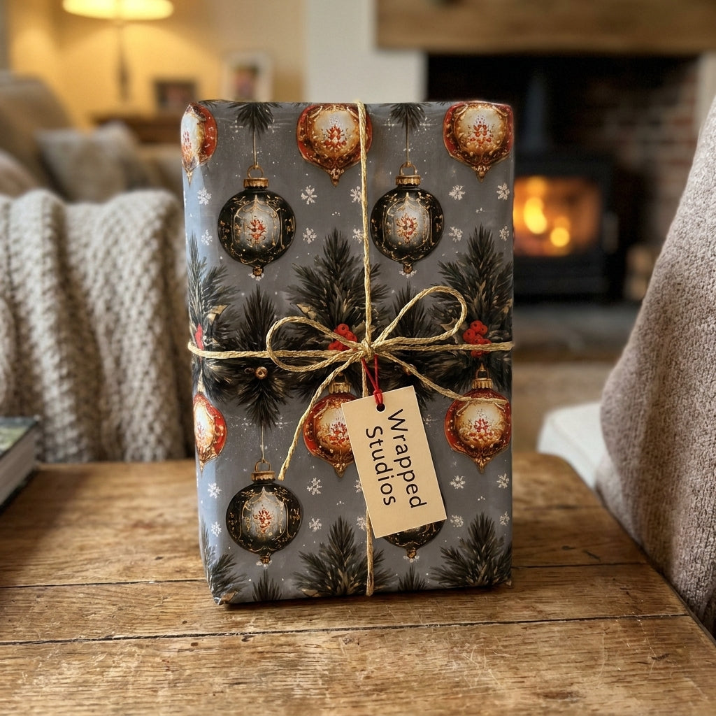 Luxury Christmas wrapping paper with vintage ornament pattern by Wrapped Studios, tied with rustic twine.