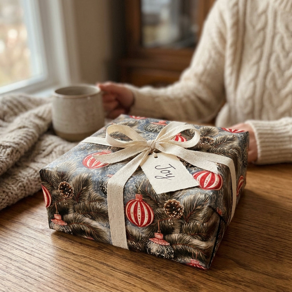 Vintage Christmas wrapping paper with ornaments and cream bow on a holiday gift box by Wrapped Studios.