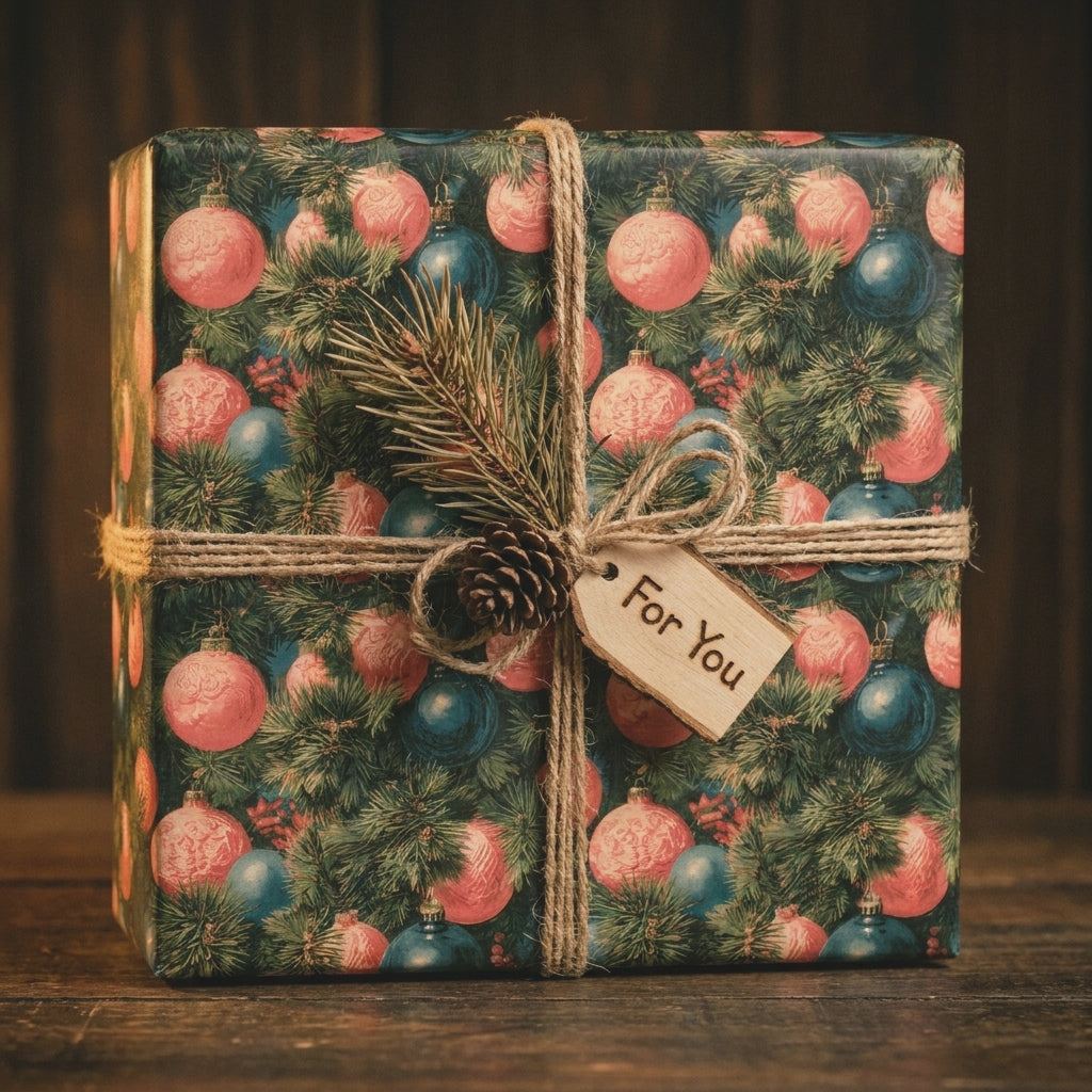 Vintage ornament Christmas wrapping paper by Wrapped Studios on a rustic gift box with a twine bow.