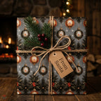 Luxury Christmas wrapping paper with vintage ornament pattern, twine bow, and From Santa tag by Wrapped Studios.