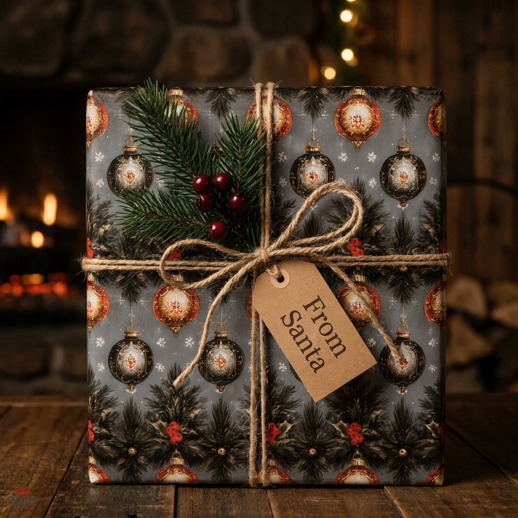 Luxury Christmas wrapping paper with vintage ornament pattern, twine bow, and From Santa tag by Wrapped Studios.