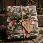 Vintage Christmas wrapping paper with red ornaments, pine branches, and twine bow by Wrapped Studios.